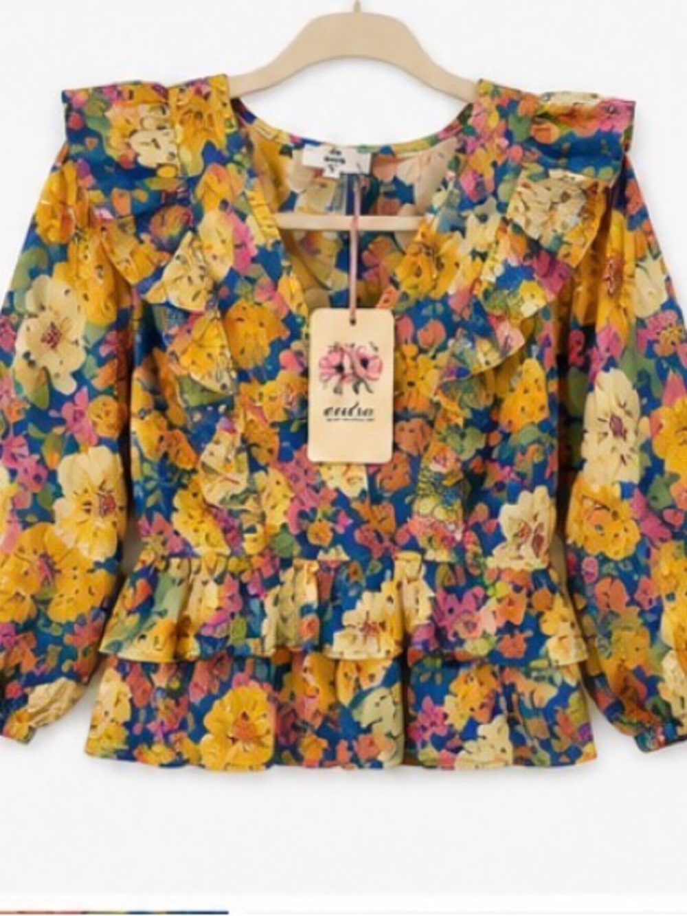 Entro Floral Ruffle Peplum Top Multicolor Puff Sleeve Blouse Medium